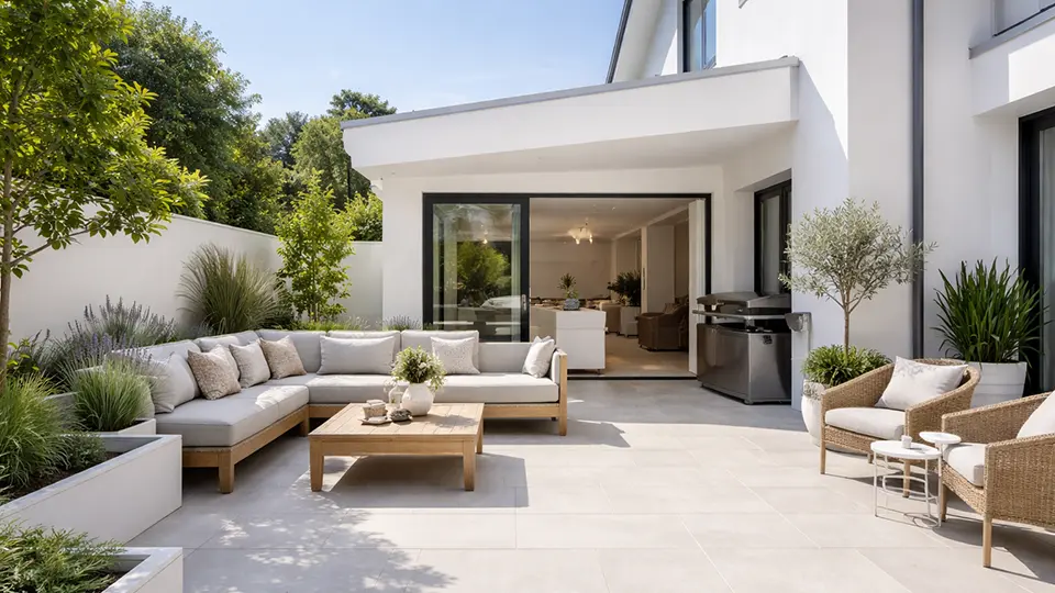 Patio exterior reformado con sofas y mucha luz solar